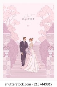 Invitación a bodas a mano con una pareja de novias. Guarda la plantilla de fecha con la novia y el novio. Ilustración del vector