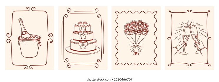 Set of hand drawn wedding invitation cards,  posters with champagne, cake and flowers. Ink doodle sketch. Coquette vintage illustrations.
