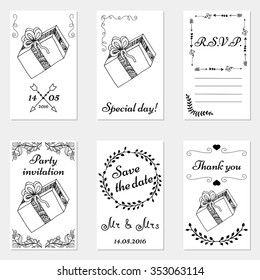 Set of hand drawn wedding invitations and party cards. Set of wedding cards in doodle style.