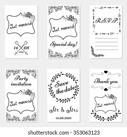 Set of hand drawn wedding invitations and party cards. Set of wedding cards in doodle style.