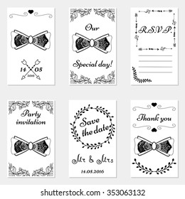 Set of hand drawn wedding invitations and party cards. Set of wedding cards in doodle style.