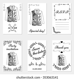 Set of hand drawn wedding invitations and party cards. Set of wedding cards in doodle style.