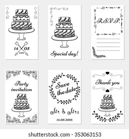 Set of hand drawn wedding invitations and party cards. Set of wedding cards in doodle style.