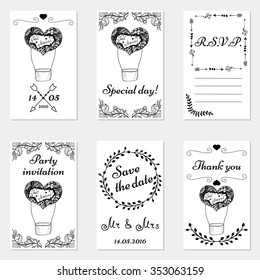 Set of hand drawn wedding invitations and party cards. Set of wedding cards in doodle style.