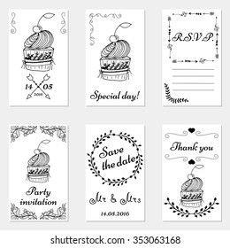 Set of hand drawn wedding invitations and party cards. Set of wedding cards in doodle style.