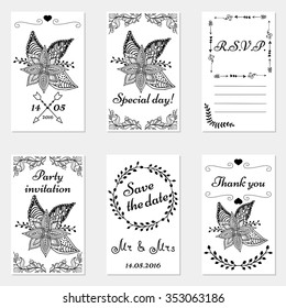 Set of hand drawn wedding invitations and party cards. Set of wedding cards in doodle style.