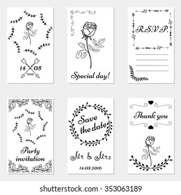 Set of hand drawn wedding invitations and party cards. Set of wedding cards in doodle style.