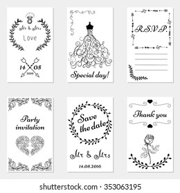 Set of hand drawn wedding invitations and party cards. Set of wedding cards in doodle style.