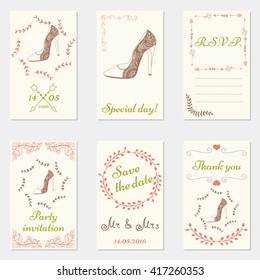 Set of hand drawn wedding invitations and party cards. Set of wedding cards in doodle style.