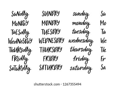 Set of Hand Drawn Week Days in Different Letter Case. Vector Handwritten Lettering for Calendars, Planners or Invitations