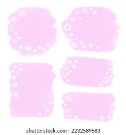 Set of hand drawn wet brush speech bubbles in snowflakes, in pale pink colors, vector illustration