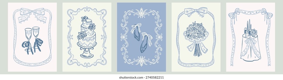 Set of hand drawn whimsical coquette sketch wedding invitations, cards, posters with wedding cake, marriage rings, bridal flower bouquet, champagne glasses. Baroque rococo lace embroidery  filigree frames