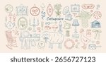 Set of hand drawn whimsical cottagecore illustrations. Line art drawings of vintage counryside elements. Rocking chair, frames, candles, sheep, goose clip art. Coquette vector graphic for card, poster