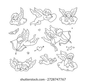 Conjunto de caprichosos cupidos dibujados a mano con arcos, flechas, corazones disparando, sentados en las nubes en estilo de arte de línea minimalista. Día de San Valentín, bodas y tarjetas románticas Plantillas de diseño Ilustración vectorial
