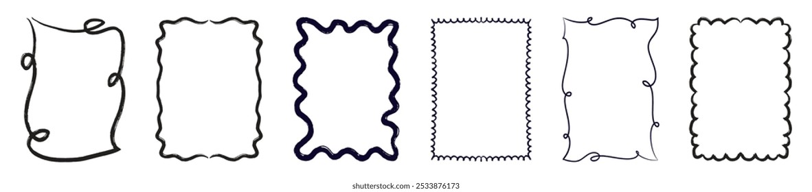 Set of hand drawn whimsical frames isolated on white background. Vector wavy border frames for trendy invitations, cards, menu design.