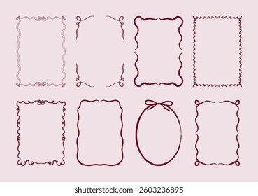Set of hand drawn whimsical frames for Holiday and greeting cards, invitations. Decorative vintage border frames with bows and ribbons