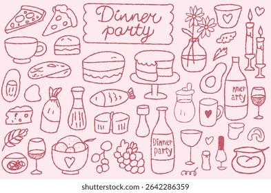 Set of hand drawn whimsical illustrations of food and drinks Hand Drawn Dinner Party Doodle Icons Food, Drinks, Cakes, and Tableware on Pink Background