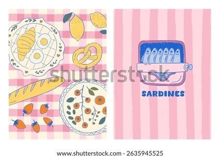 Set of hand drawn whimsical posters with abstract food. Dolce vita contemporary dinner prints. Croissant, tomatoes, strawberries, sardines on colorful backgrounds. Slow living concept. Vector design