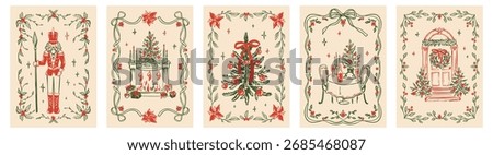 Set of hand drawn whimsical red and green Merry Christmas and Happy New Year greeting cards, posters, backgrounds. Holli leaves, poinsettia flowers garland, bow ribbon chalk rectangle frame design