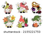 A set of hand drawn, whimsical style garden gnomes holding various spring garden objects.
