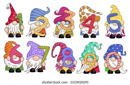 A set of hand drawn, whimsical style garden gnomes holding numbers from 0 to 9.
