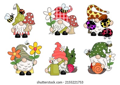 A set of hand drawn, whimsical style garden gnomes holding various spring garden objects.
