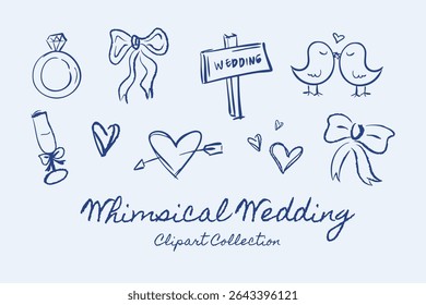 Set of Hand Drawn Whimsical Wedding Clipart Illustration