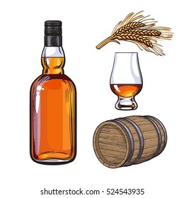 Set of hand drawn whiskey bottle, glass, barrel and malt, sketch vector illustration isolated on white background. 