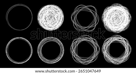 Set of hand drawn white circles using sketch drawing scribble circle lines. Doodle circular logo design elements. Vector hand drawn frames.