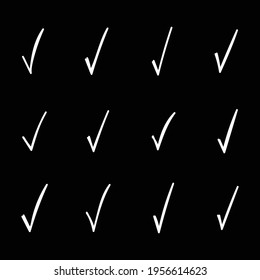 Set Of Hand Drawn White Confirm Icon On Black Background Vector Illustration