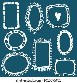 Set of hand drawn white doodle frames. Logo templates. Hand sketched shapes for branding identity.  Cute vector abstract borders. 