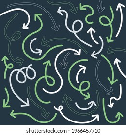 Juego de flecha blanca y verde dibujada a mano en cualquier dirección sobre fondo azul. Ilustración del vector
