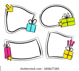 Set of hand drawn white labels with gifts in cartoon style. Festive  stickers for youth present, products, sale or promotion. Badges and tags for packaging. Vector illustration
