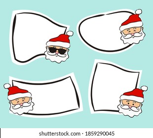 Juego de etiquetas blancas dibujadas a mano con Santa Claus al estilo de las caricaturas. Etiquetas festivas para jóvenes presentes, productos, venta o promoción. Insignias y etiquetas para el embalaje. Ilustración del vector de Navidad
