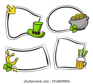 Set of hand drawn white labels with cartoon irish elements. Festive stickers for present, products, sale or promotion. Badges and tags for packaging. Vector illustration for Saint Patrick's Day.