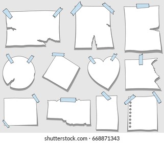 Set of hand drawn white note paper with sticky tape, scotch, paperclip. Doodle style illustration paper sheets for messages. Collection of doodle icons