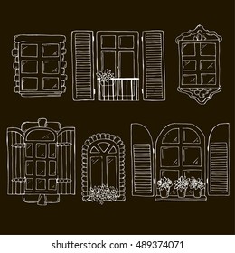 Set of hand drawn white on the black windows in vintage style.