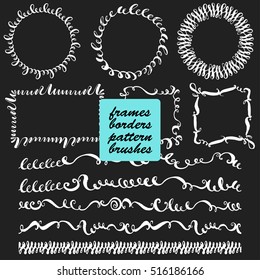 Set of hand drawn white ornamental borders and frames. Pattern brushes included. Decorative elements for page and text decor.