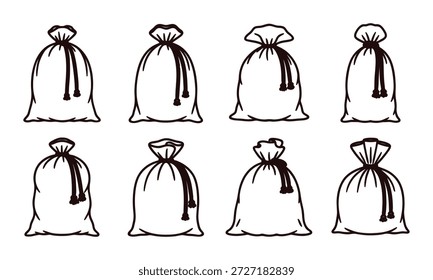 Set of hand drawn white sacks with black drawstrings various styles