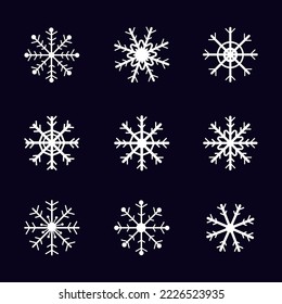 Set hand drawn white snow flake on black background for ornaments, icons, or decoration. Winter wallpaper. Flat vector design.