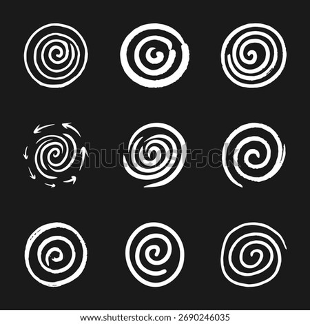 Set of Hand Drawn White Spiral Circles on Black Background Sketch Doodle Vector Icons