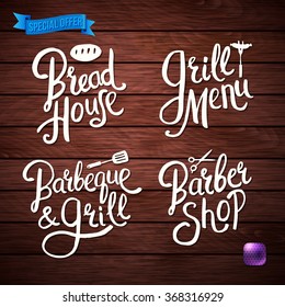 Set of Hand drawn White Text Design for Your Shop or Cafeteria Concept on Wooden Background with bright button and ribbon. Vector illustration.