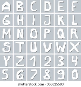 Set of hand drawn white uppercase  alphabet letters with numbers on gray square background