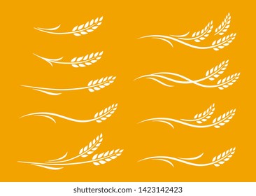 set of hand drawn white wheat ears and design elements on yellow background 