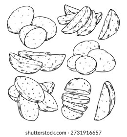 Conjunto de batatas inteiras desenhadas à mão e cortadas e batatas em cunha desenho desenho desenho doodle ilustração