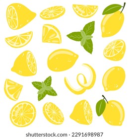 Juego de limón dibujado a mano entero, medio, rebanado. ilustración vectorial de frutos frescos y sabrosos de cítricos y menta para icono, logotipo, diseño web, embalaje, tarjeta, impresión