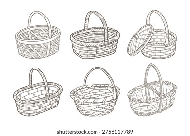 Set of hand drawn wicker baskets isolated on white background. Sketch.