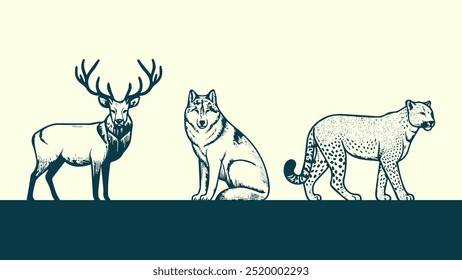 Set of hand drawn wild animals deer rhino and leopard on white background. Vector illustration.