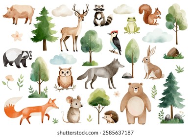 Set von handgezeichneten wilden Waldtieren und Bäumen. Aquarelle Waldtiere. Fuchs, Wolf, Maus, Rentier, Hase.