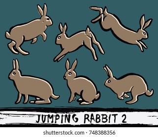 Set of hand drawn wild rabbit icons with not aligned color, isolated on white background. Black ink brush stroke text turned into vector illustration